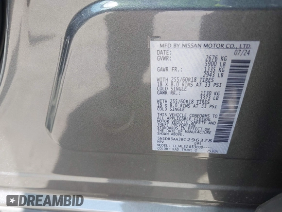 2024 Nissan Pathfinder S with VIN 5N1DR3AA3RC296378, listed as a IAAI auction lot 42249673 with 10,309 mi miles and . Bid and sale history available at DreamBid. Image 9.