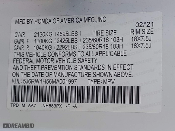 2021 Honda CR-V EX with VIN 5J6RW1H56MA001997, listed as a IAAI auction lot 41555434 with 43,083 mi miles. Bid and sale history available at carsss.com. Image 9.