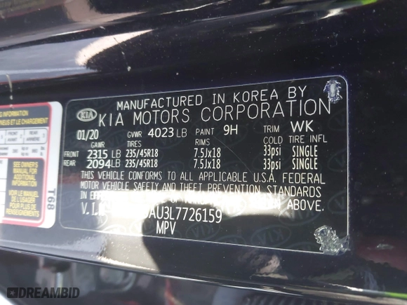 2020 Kia Soul GT-Line with VIN KNDJ63AU3L7726159, listed as a IAAI auction lot 41416275 with 69,752 mi miles. Bid and sale history available at carsss.com. Image 9.