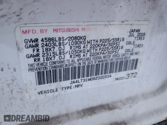2008 Mitsubishi Outlander SE with VIN JA4LT31W08Z020534, listed as a Copart auction lot 87426084 with 170,591 mi miles and Non repairable. Bid and sale history available at DreamBid. Image 13.