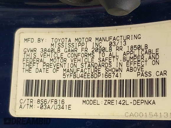 2013 Toyota Corolla L with VIN 5YFBU4EE8DP166741, listed as a IAAI auction lot 41896115 with 154,011 mi miles. Bid and sale history available at carsss.com. Image 9.