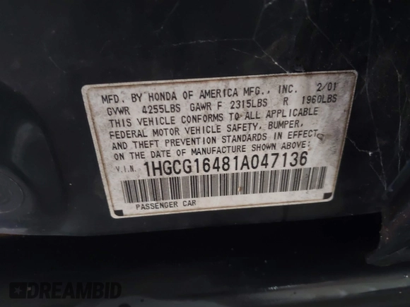 2001 Honda Accord LX z VIN 1HGCG16481A047136, wystawiony jako IAAI lot #41565746 z przebiegiem 259 017 mil mil oraz . Historia ofert i sprzedaży dostępna na DreamBid. Obrazek 9.
