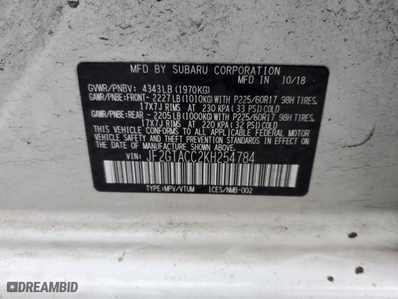 2019 Subaru Crosstrek Premium with VIN JF2GTACC2KH254784, listed as a Copart auction lot 46471725 with 43,607 mi miles and Salvage Title. Bid and sale history available at carsss.com. Image 15.