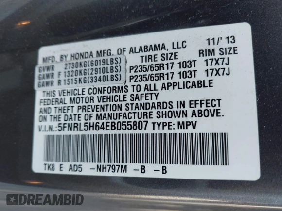 2014 Honda Odyssey EX-L with VIN 5FNRL5H64EB055807, listed as a IAAI auction lot 41760758 with 144,346 mi miles and . Bid and sale history available at carsss.com. Image 9.
