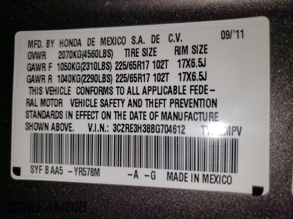 2011 Honda CR-V LX z VIN 3CZRE3H38BG704612, wystawiony jako Copart lot #53729555 z przebiegiem 100 947 mil mil oraz Szkoda całkowita • Salvage title. Historia ofert i sprzedaży dostępna na DreamBid. Obrazek 15.