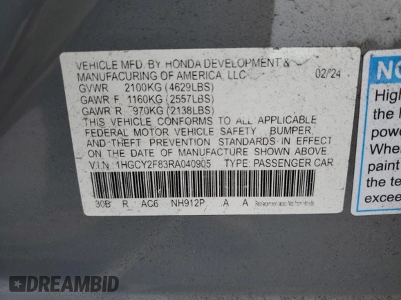 2024 Honda Accord Touring with VIN 1HGCY2F83RA040905, listed as a Copart auction lot 62663025 with 41,354 mi miles and Salvage title. Bid and sale history available at DreamBid. Image 12.