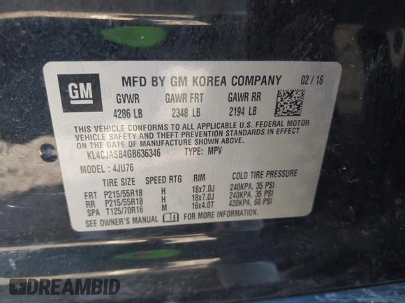 2016 Buick Encore with VIN KL4CJASB4GB636346, listed as a IAAI auction lot 41646233 with 174,357 mi miles. Bid and sale history available at carsss.com. Image 9.