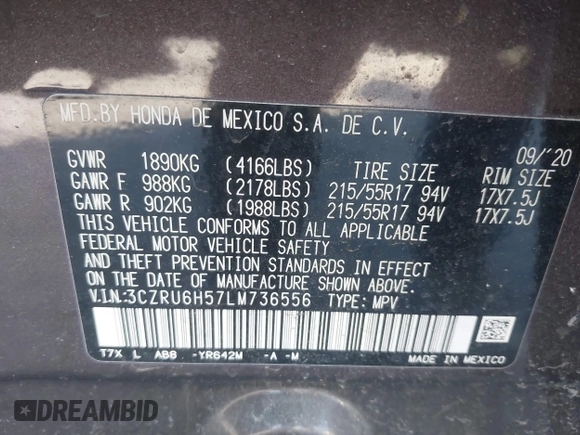 2020 Honda HR-V EX with VIN 3CZRU6H57LM736556, listed as a IAAI auction lot 41878490 with 61,253 mi miles. Bid and sale history available at carsss.com. Image 9.