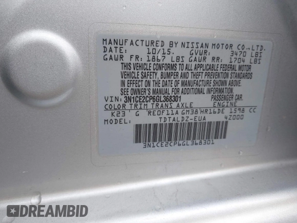 2016 Nissan Note S with VIN 3N1CE2CP6GL368301, listed as a IAAI auction lot 41683958 with 52,493 mi miles and . Bid and sale history available at DreamBid. Image 9.