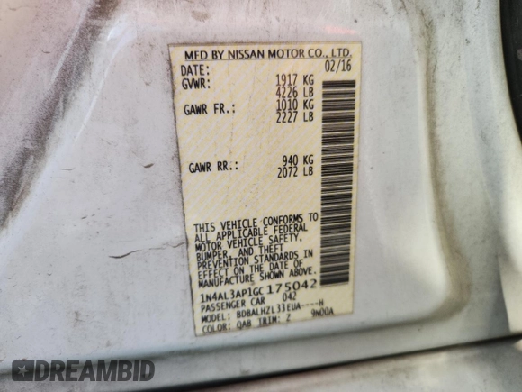 2016 Nissan Altima SR с VIN 1N4AL3AP1GC175042, выставлен на аукционе Copart как лот 61695755 с пробегом 107 382 миль миль и Списание • Salvage title. История ставок и продаж доступна на DreamBid. Изображение 13.
