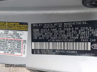2007 Toyota Camry CE with VIN 4T1BE46K47U528827, listed as a IAAI auction lot 42123907 with 257,248 mi miles. Bid and sale history available at carsss.com. Image 9.