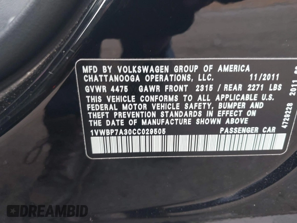 2012 Volkswagen Passat SE с VIN 1VWBP7A30CC029505, выставлен на аукционе IAAI как лот 42203089 с пробегом 140 764 миль миль и . История ставок и продаж доступна на DreamBid. Изображение 9.