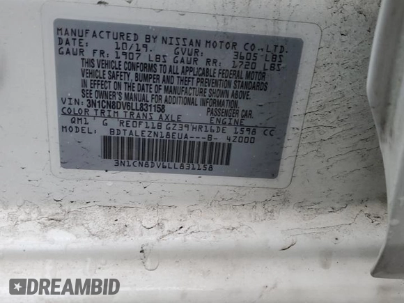 2020 Nissan Versa S with VIN 3N1CN8DV6LL831158, listed as a Copart auction lot 52693345 with 12,373 mi miles and Salvage Title. Bid and sale history available at carsss.com. Image 13.
