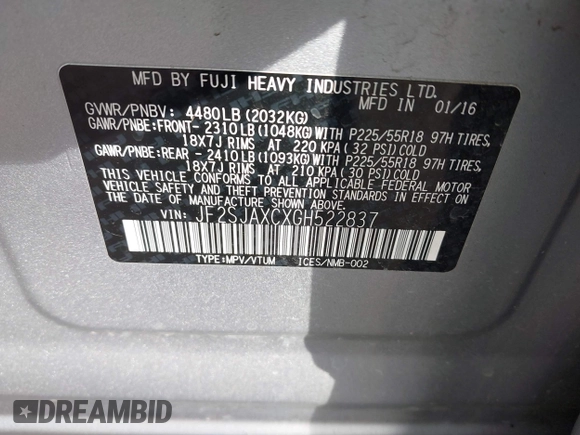 2016 Subaru Forester 2.5i Touring with VIN JF2SJAXCXGH522837, listed as a IAAI auction lot 41562541 with 106,720 mi miles. Bid and sale history available at carsss.com. Image 9.