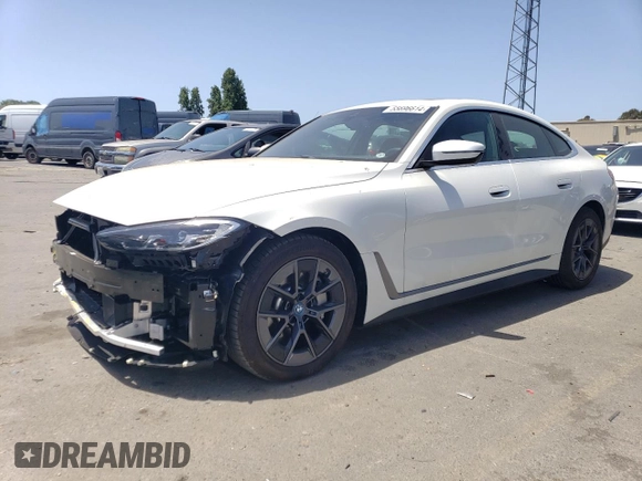 2023 BMW i4 eDrive35 with VIN WBY43AW07PFP64892, listed as a Copart auction lot 55696614 with 3,491 mi miles and Salvage Title. Bid and sale history available at carsss.com. Image 1.