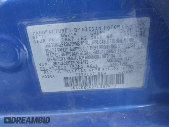2015 Nissan Note S with VIN 3N1CE2CP2FL357472, listed as a IAAI auction lot 41215110 with 104,091 mi miles and . Bid and sale history available at DreamBid. Image 9.