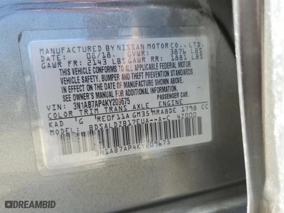2019 Nissan Sentra S with VIN 3N1AB7AP4KY209675, listed as a Copart auction lot 49221925 with 159,216 mi miles and Salvage Title. Bid and sale history available at carsss.com. Image 13.