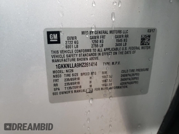 2017 GMC Acadia SLE with VIN 1GKKNLLA9HZ261414, listed as a Copart auction lot 85209054 with 45,909 mi miles and Salvage Title. Bid and sale history available at carsss.com. Image 16.