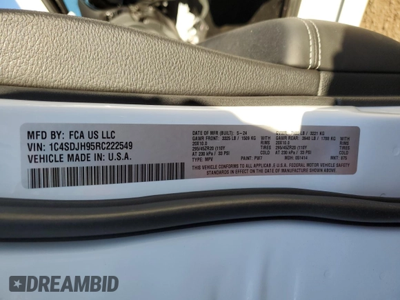 2024 Dodge Durango SRT Hellcat Premium с VIN 1C4SDJH95RC222549, выставлен на аукционе Copart как лот 81711904 с пробегом 328 миль миль и Списание • Salvage title. История ставок и продаж доступна на DreamBid. Изображение 14.
