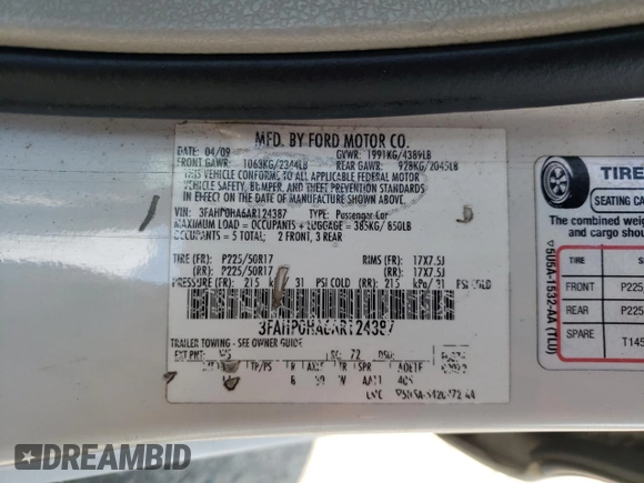 2010 Ford Fusion SE with VIN 3FAHP0HA6AR124387, listed as a Copart auction lot 62008405 with 196,524 mi miles and Salvage title. Bid and sale history available at DreamBid. Image 12.