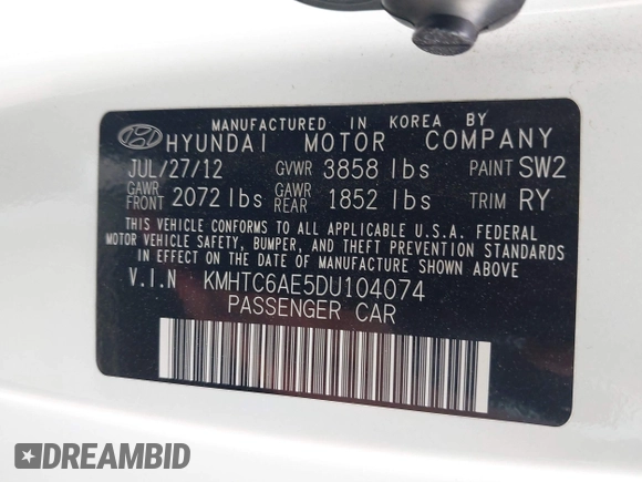 2013 Hyundai Veloster Turbo with VIN KMHTC6AE5DU104074, listed as a IAAI auction lot 42225574 with 172,836 mi miles and . Bid and sale history available at DreamBid. Image 9.