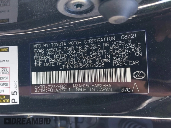 2021 Lexus UX with VIN JTHE9JBH5M2054228, listed as a IAAI auction lot 41651686 with 35,955 mi miles. Bid and sale history available at carsss.com. Image 9.