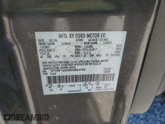 2006 Ford F-150 XL с VIN 1FTRF12W96NB53792, выставлен на аукционе Copart как лот 53442415 с пробегом 210 344 миль миль и Списание • Salvage title. История ставок и продаж доступна на DreamBid. Изображение 13.