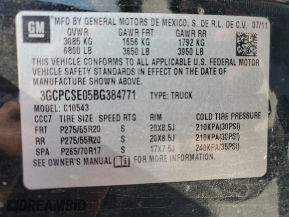 2011 Chevrolet Silverado 1500 LT with VIN 3GCPCSE05BG384771, listed as a Copart auction lot 53282965 with Not Provided miles and Salvage Title. Bid and sale history available at DreamBid. Image 12.