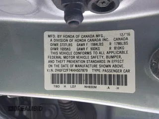 2017 Honda Civic Sedan EX with VIN 2HGFC2F74HH507879, listed as a IAAI auction lot 42020695 with 1 mi miles. Bid and sale history available at carsss.com. Image 9.