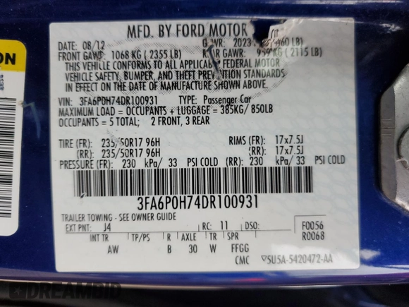 2013 Ford Fusion SE with VIN 3FA6P0H74DR100931, listed as a Copart auction lot 64601415 with 110,579 mi miles and Salvage title. Bid and sale history available at DreamBid. Image 12.