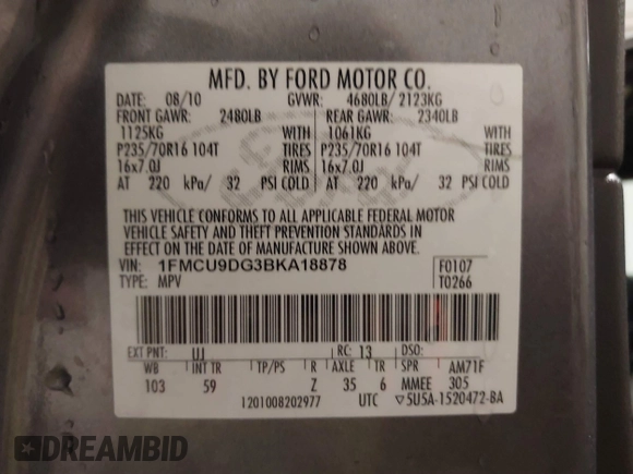2011 Ford Escape XLT с VIN 1FMCU9DG3BKA18878, выставлен на аукционе IAAI как лот 41549599 с пробегом 114 576 миль миль и . История ставок и продаж доступна на DreamBid. Изображение 9.