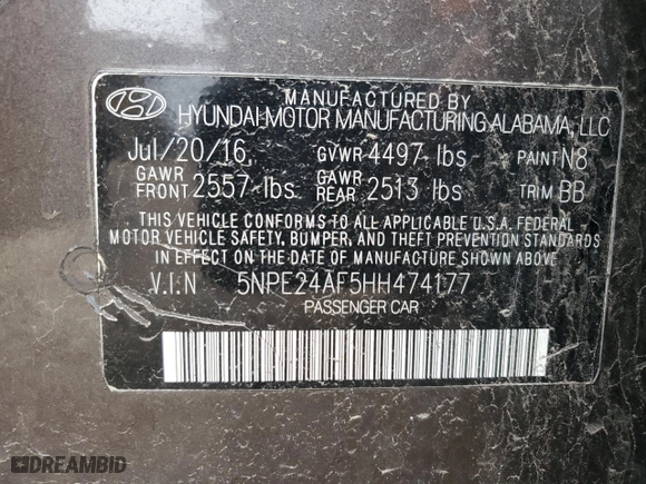 2017 Hyundai Sonata 2.4L with VIN 5NPE24AF5HH474177, listed as a Copart auction lot 44750365 with 0 mi miles and Salvage Title. Bid and sale history available at carsss.com. Image 14.