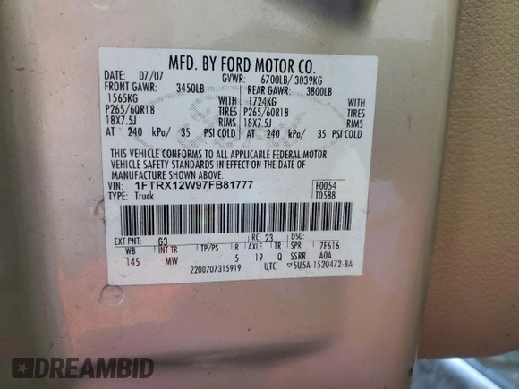 2007 Ford F-150 STX with VIN 1FTRX12W97FB81777, listed as a Copart auction lot 46642895 with 324,976 mi miles and Salvage Title. Bid and sale history available at DreamBid. Image 12.