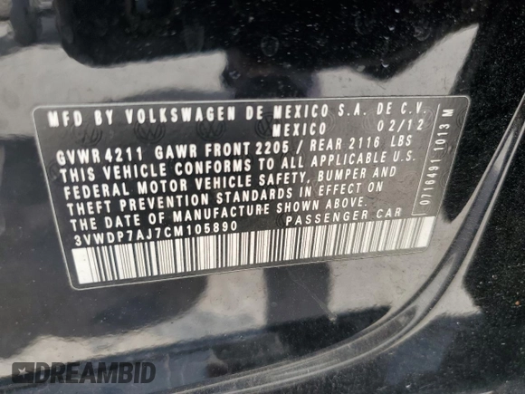 2012 Volkswagen Jetta SE with VIN 3VWDP7AJ7CM105890, listed as a Copart auction lot 60223875 with 167,729 mi miles and Clean title. Bid and sale history available at DreamBid. Image 12.