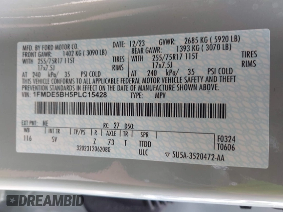 2023 Ford Bronco with VIN 1FMDE5BH5PLC15428, listed as a IAAI auction lot 42263776 with 11,556 mi miles and . Bid and sale history available at DreamBid. Image 9.
