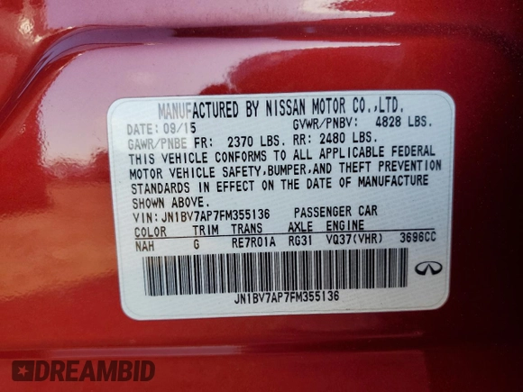 2015 Infiniti Q50 Premium with VIN JN1BV7AP7FM355136, listed as a Copart auction lot 56586325 with 101,384 mi miles and Salvage title. Bid and sale history available at DreamBid. Image 12.