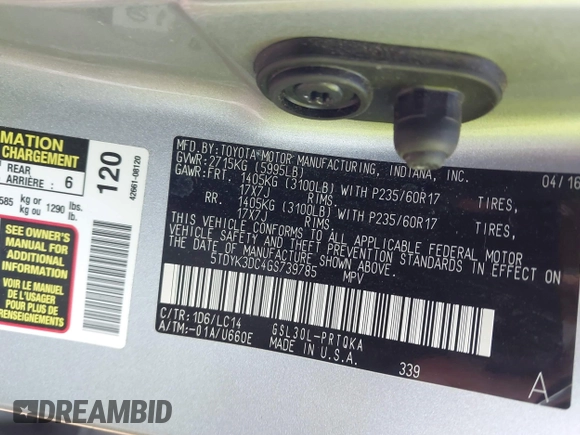 2016 Toyota Sienna XLE with VIN 5TDYK3DC4GS739785, listed as a IAAI auction lot 41513038 with 71,935 mi miles. Bid and sale history available at carsss.com. Image 9.
