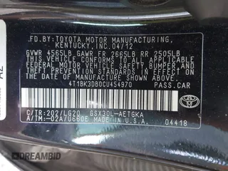 2012 Toyota Avalon with VIN 4T1BK3DB0CU454970, listed as a IAAI auction lot 42738184 with 183,746 mi miles and . Bid and sale history available at DreamBid. Image 9.
