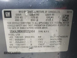 2014 GMC Terrain SLE with VIN 2GKALMEK6E6252464, listed as a IAAI auction lot 42159676 with 105,066 mi miles and . Bid and sale history available at DreamBid. Image 9.