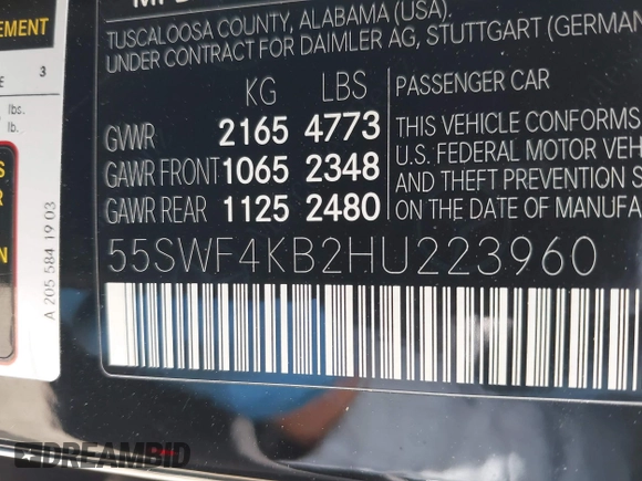 2017 Mercedes-Benz C 300 with VIN 55SWF4KB2HU223960, listed as a IAAI auction lot 42297903 with 71,783 mi miles and . Bid and sale history available at DreamBid. Image 9.