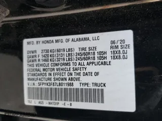 2020 Honda Ridgeline Black Edition with VIN 5FPYK3F87LB011988, listed as a Copart auction lot 81320864 with 39,703 mi miles and Salvage Title. Bid and sale history available at carsss.com. Image 12.