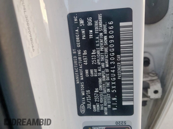 2016 Kia Optima EX with VIN 5XXGU4L30GG098066, listed as a Copart auction lot 62771145 with 102,098 mi miles and Salvage title. Bid and sale history available at DreamBid. Image 12.