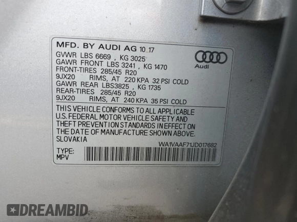 2018 Audi Q7 Prestige with VIN WA1VAAF71JD017682, listed as a Copart auction lot 58713945 with 120,610 mi miles and Salvage title. Bid and sale history available at DreamBid. Image 14.