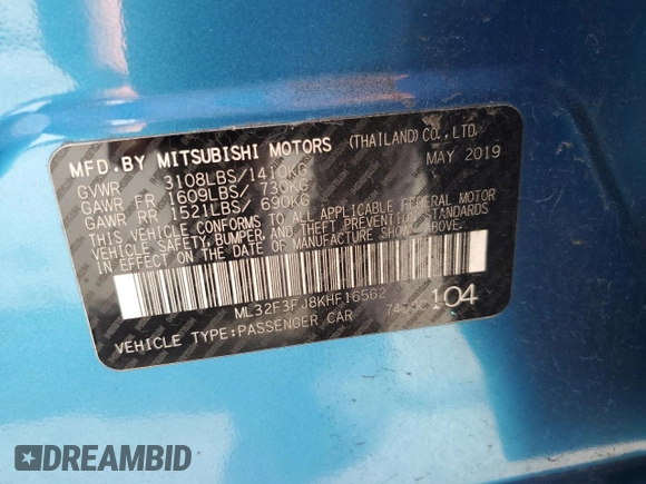 2019 Mitsubishi Mirage ES z VIN ML32F3FJ8KHF16562, wystawiony jako Copart lot #55460175 z przebiegiem 142 557 mil mil oraz Szkoda całkowita • Salvage title. Historia ofert i sprzedaży dostępna na DreamBid. Obrazek 12.