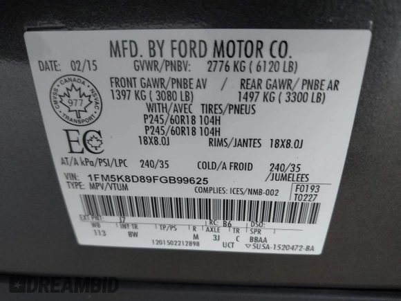 2015 Ford Explorer XLT with VIN 1FM5K8D89FGB99625, listed as a IAAI auction lot 42101023 with 136,624 mi miles and . Bid and sale history available at carsss.com. Image 9.