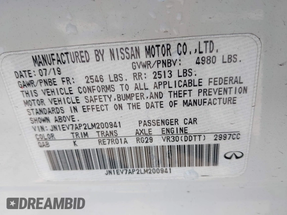 2020 Infiniti Q50 Edition 30 with VIN JN1EV7AP2LM200941, listed as a IAAI auction lot 41847776 with 70,349 mi miles and . Bid and sale history available at DreamBid. Image 9.