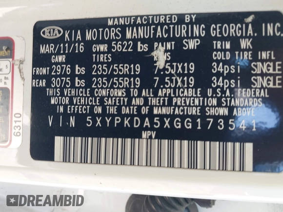 2016 Kia Sorento SX z VIN 5XYPKDA5XGG173541, wystawiony jako IAAI lot #40916121 z przebiegiem Nie podano mil oraz . Historia ofert i sprzedaży dostępna na DreamBid. Obrazek 9.