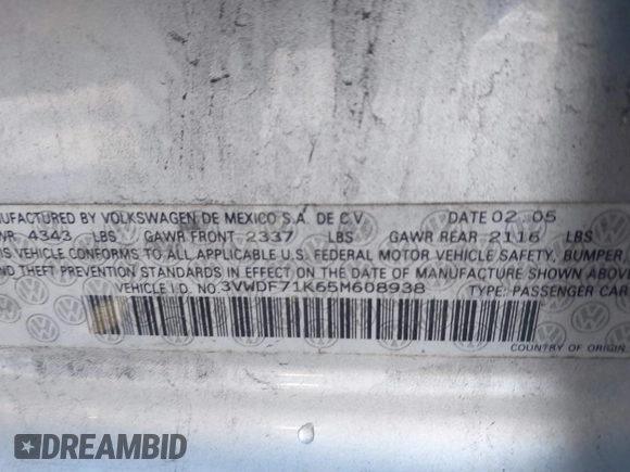2005 Volkswagen Jetta 2.5L с VIN 3VWDF71K65M608938, выставлен на аукционе IAAI как лот 41880658 с пробегом 108 701 миль миль и . История ставок и продаж доступна на DreamBid. Изображение 9.