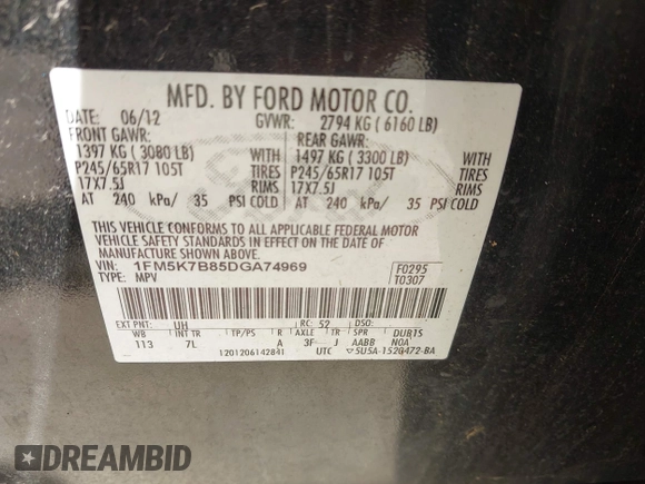 2013 Ford Explorer with VIN 1FM5K7B85DGA74969, listed as a IAAI auction lot 42471485 with 192,724 mi miles and . Bid and sale history available at DreamBid. Image 9.