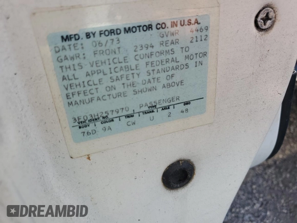 1973 Ford Mustang с VIN 3F03H257970, выставлен на аукционе Copart как лот 76169144 с пробегом 70 749 миль миль и Списание • Salvage title. История ставок и продаж доступна на DreamBid. Изображение 13.